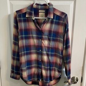 American Eagle Boyfriend Fit Shirt Womens Size Small Button Up Pink Blue Casual